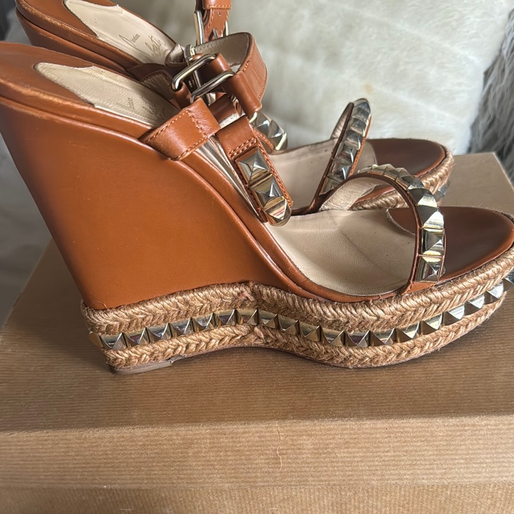 Christian Louboutin Tan Wedge Sandals with Braided Detail